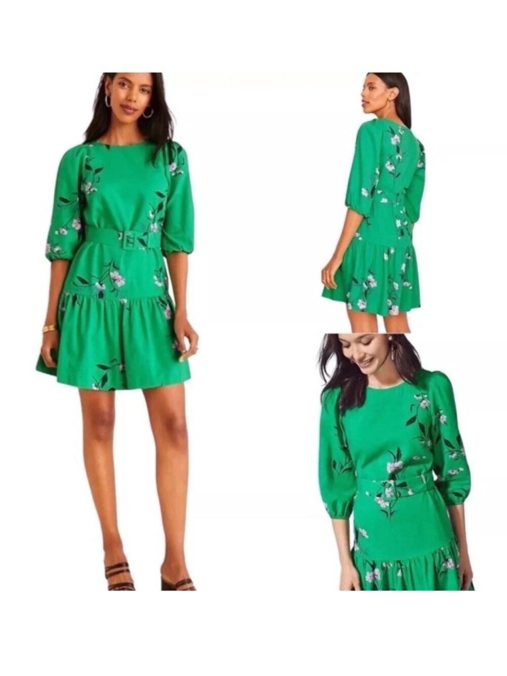 Ann Taylor 3/4 sleeve  green and pink floral Flounce Shift dress Size 14